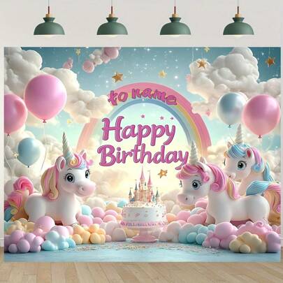 [Personalisierte] Geburtstags-Party Hintergrund, Glücklicher Geburtstag Märchen Hintergrund, Gold & Blau Glitzer, 100% Polyester, Einhorn & Regenbogen, ideal für Party und Outdoor Dekoration, Geburtstagsdekoration, Kunstaktivitäten für Kinder