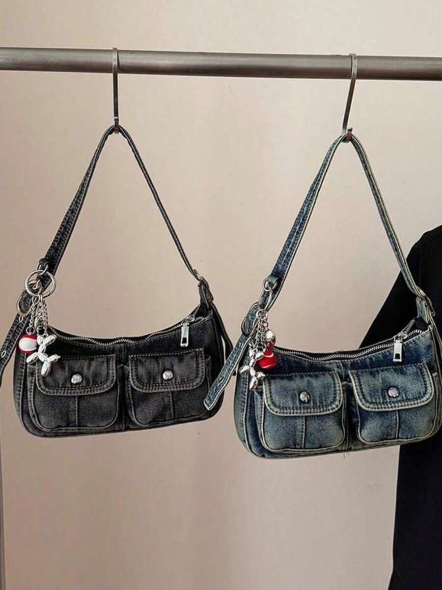 时尚复古女士单肩包，百搭优质腋下包，小众风格牛仔手提包带吊坠