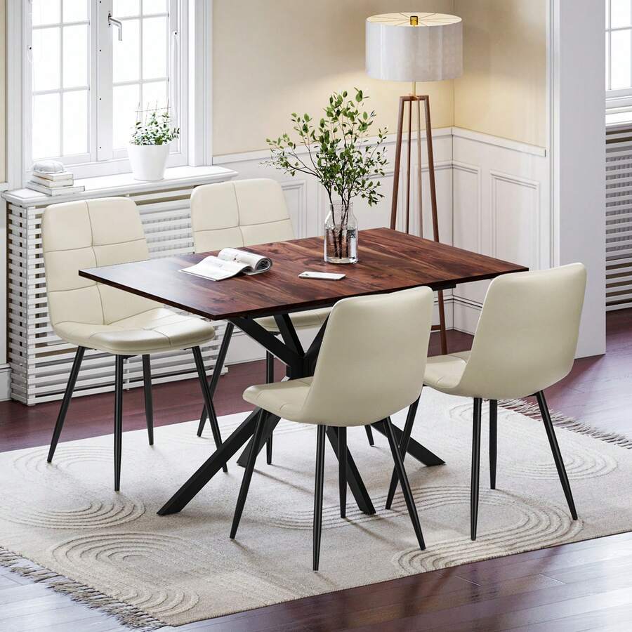 Extendable Dining Table And Chairs Set 4, 120-160cm Wood Grain Table With 4 Beige Upholstered PU Leather Chairs For Dining Room, Kitchen - Meja makan motif kayu + 4 kursi PU beige - View 1