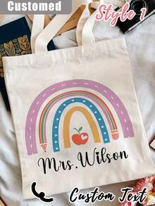 1Pc Custom Teacher Appreciation Tote Bag - Personalized Canvas Beach & Shopping Bag With Monogrammed Name, Personalised Teacher Bag - Custom Rainbow Tote With Floral Design, Large Capacity, Buckle Closure - Ideal Thank You Gift For TA, School Leaver, Or Teaching Assistant, School Bag|Floral Tote Bag - Multicolor - View 2