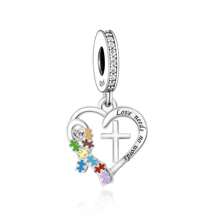 HuooNew Una pieza de plata de ley 925 con un diseño elegante, incrustada con circonita, con formas de corazón, cruz, rompecabezas de colores y lazo, con el mensaje "El amor no necesita palabras", una perla DIY, joyería para mujer, joyería de plata para uso diario y como recuerdo