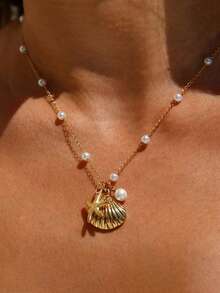 1 件金色海螺海星贝壳仿珍珠项链女士海滩度假风格 14k 镀金海螺海星吊坠项链、友谊礼物、生日礼物、节日礼物、珠宝礼物 - 金色-珍珠鍊條款 - 查看 7