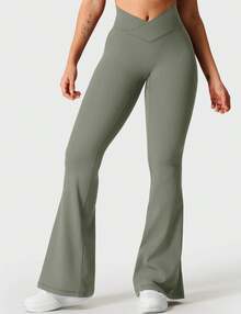 YEOREO Kalie Flare Scrunch Leggings For Women V Cross Waist Bell Bottom Yoga Pants Tummy Control Bootcut Workout Leggings Sweat Weatpants Women Pants For Women Yoga Pants For Women Flare Leggings Joggers For Women Black Pants Sweat Pants Flare Leggings Women Yoga Pants For Women - Xám Xanh Lá Cây - Xem 2