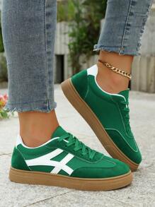 New Casual Sports Shoes, Fashionable Green Versatile Trainers, Faux Suede Fabric Lace-Up Women / Student Sneakers - Green - View 4