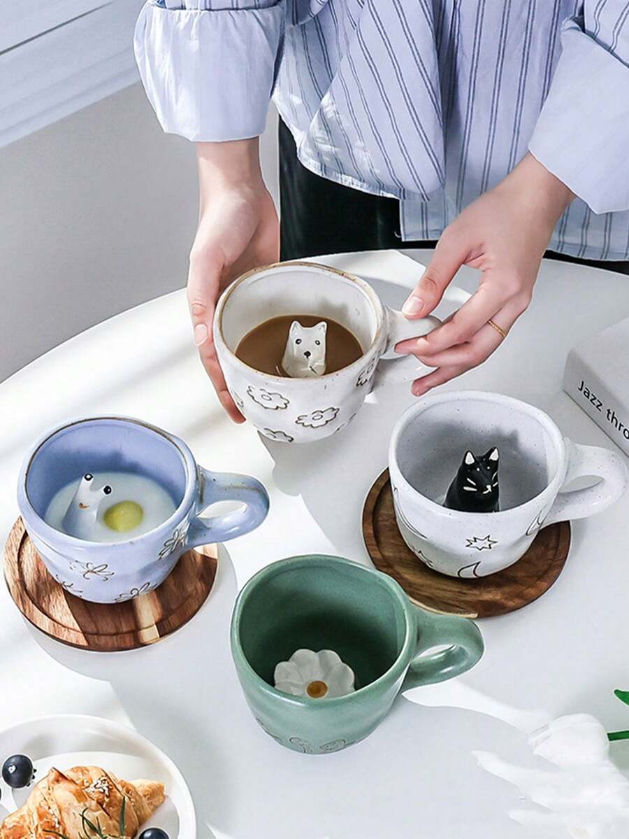 1 件可爱动物陶瓷杯，手绘云朵/花朵图案雕刻杯 - 适用于拿铁、早餐牛奶、创意卡布奇诺杯，是送给可爱风格爱好者的理想礼物 - 單杯 - 查看 1