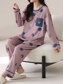 2pcs Women Pullover Long Sleeve Pajamas Set - Long Pants, Spring/Autumn Sleepwear Set