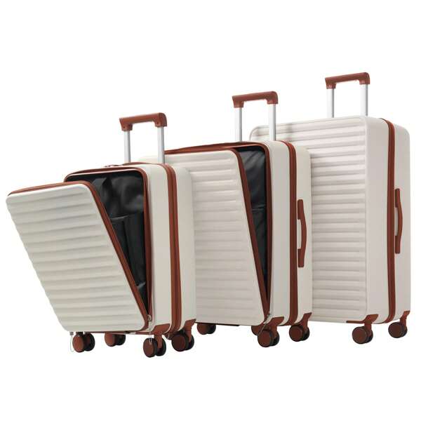 Valise trois pièces - Conception innovante d'ouverture frontale + porte-gobelet pliable, matériau ABS, serrure TSA, roues universelles 360°, 20/24/28 pouces, valise de voyage familiale, blanche