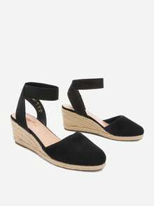 Women's Elastic Ankle Strap Espadrilles Wedge Sandals - Black - View 8