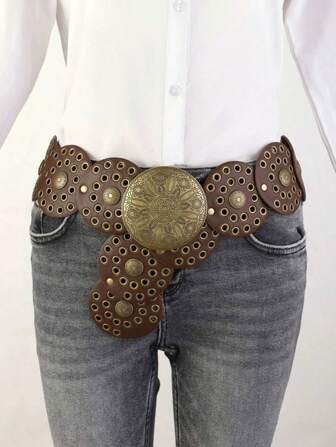 1 Pezzo, Cintura stile cowboy occidentale personalizzata in PU con accessorio in bronzo per donna, cintura in pelle PU stile street fashion retrò con anello vuoto, accessorio versatile per abiti, adatta per Natale, matrimoni, raduni e uso quotidiano