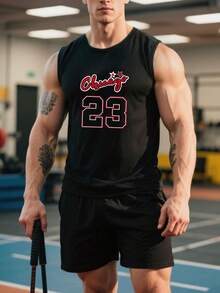 男士 Boston 23 印花運動背心套裝－無袖健身服，男士背心與短褲 2 件套，運動服，健身服，健身房穿著 - 黑色 - 查看 1