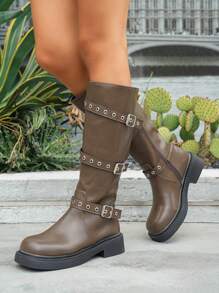 planare 女式深棕色高膝皮靴，带多扣和铆钉细节、侧拉链和粗跟，非常适合朋克风格 - 棕色 - 查看 7