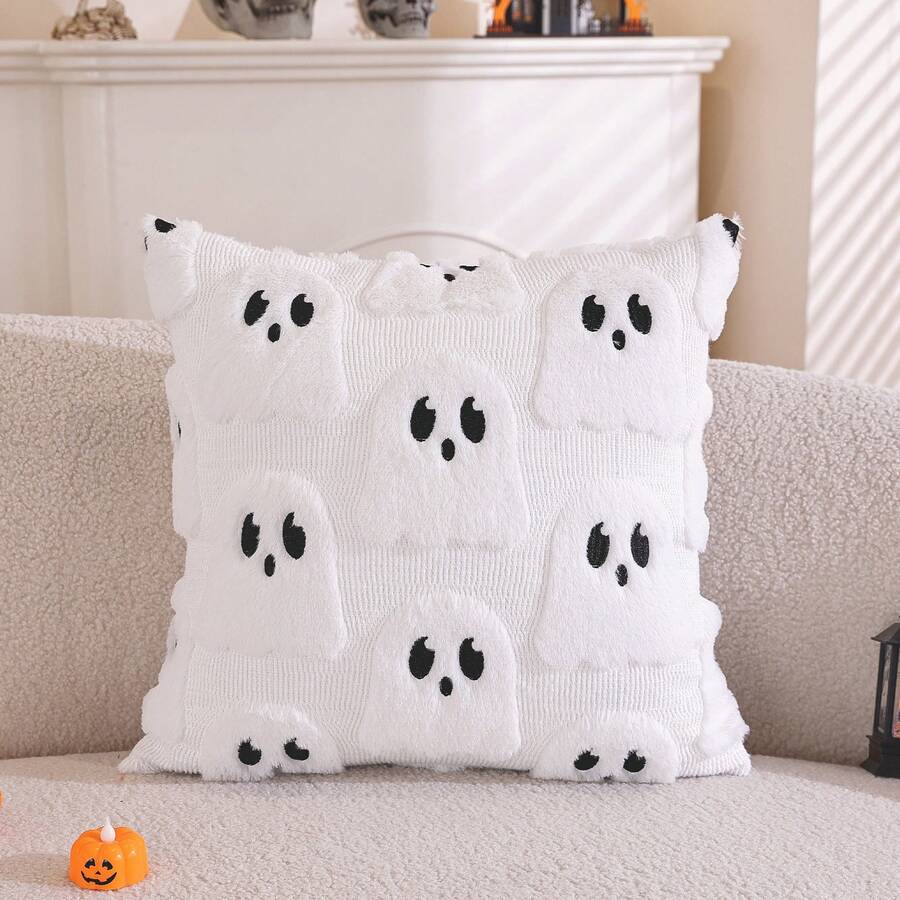 1 Pc Halloween Cute 3D Ghost Embroidered Plush Pillow Cover, Quilted Decorative Cushion Cover, Holiday Gift And Party Decor (Cover Only, No Pillow Insert) - White - View 1