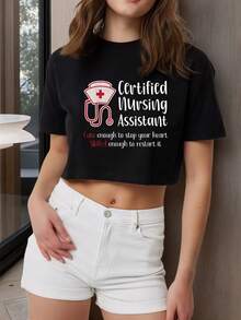 Women's CNA Nurse Crop Tee Shirt Exposed Navel T-Shirt , Women's New Summer Casual Crew Neck Pure Cotton Short-Sleeved T-Shirt(1 PC) - Black - View 1