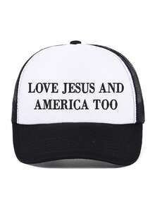 1pc, Custom Embroidered,Back To School,Loves Jesus And America Too Foam Embroidered Trucker Hat | July 4th Hat, Memorial Day Hat, Summer Hat, Beach Trucker Hat, Patriotic Hat - Multicolor - View 3