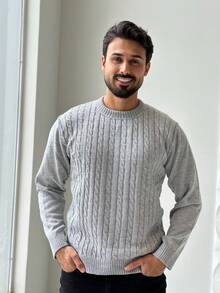 Men's Knitted Sweater With Braids, Round Neck, Long Sleeves And Comfortable Fit, Moda Inveno Rosana Malhas - 灰色 - 查看 3