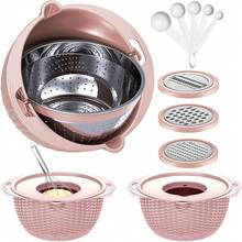 Juego de colador con recipiente - 4 en 1 Colador de alimentos con ralladores y cucharas - Coladores para cocina - Coladores y coladores - Limpiador de frutas con colador para pasta, arroz y verduras, color rosa - Rosa Pálido - Ver 1