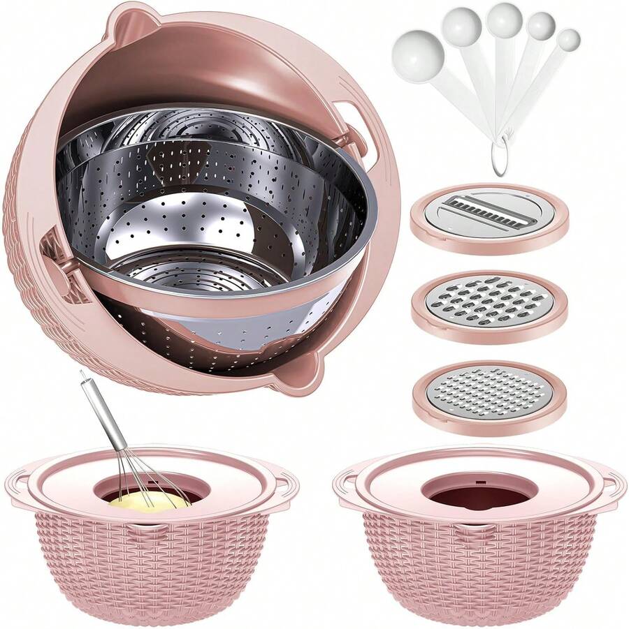 Juego de colador con recipiente - 4 en 1 Colador de alimentos con ralladores y cucharas - Coladores para cocina - Coladores y coladores - Limpiador de frutas con colador para pasta, arroz y verduras, color rosa - Rosa Pálido - Ver 1