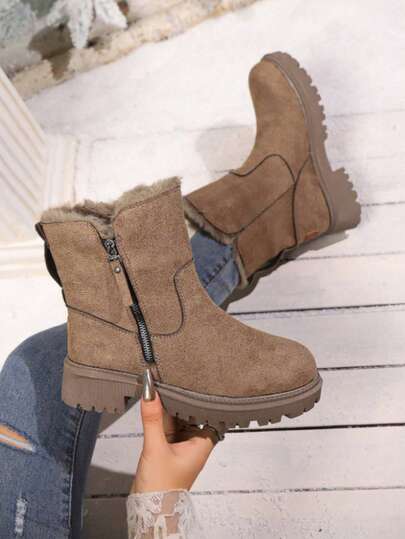 Úsalo con una falda negra, Nuevos botines de invierno con forro de piel y suela gruesa, Botas de nieve cálidas para el invierno, Talla un poco talla grande pequeña