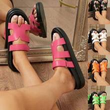 Women's Summer Slippers, Large Size, Thick-Soled, H-Shaped, With Magic Tape, European And American Style, Outdoor Sandals - 粉色 - 查看 5