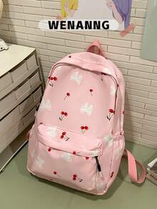1 Balo học sinh họa tiết nơ/anh đào đơn giản có ngăn đựng máy tính xách tay, chất liệu nylon dung tích lớn, ý tưởng balo đa năng dùng hàng ngày cho bé gái/sinh viên đại học/quý cô/sinh viên mới tốt nghiệp/du lịch/trở lại trường - Hồng - Xem 2