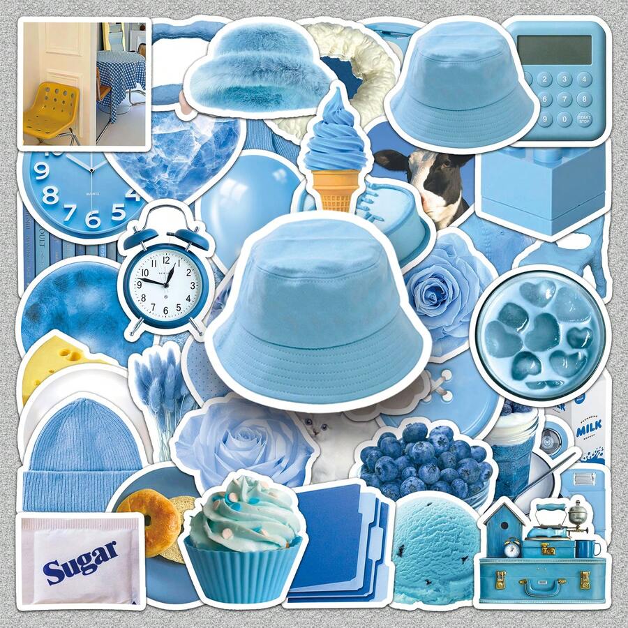 50张蓝色简约清新韩式DIY便签贴纸墙面玻璃文具装饰学校用品返校 - 彩色 - 查看 1