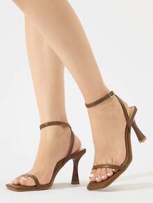 Women's Crystal Decor Open Toe Slip-On Chunky High Heel Sandals, Fashionable & Comfortable For Daily Wear, Outdoor, Gathering, Summer, Brown Mules - Brown - View 3