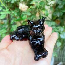 1 件天然黑曜石斜倚猫、石英猫、水晶动物饰品、石英雕刻、男女礼物、水晶疗愈、手工制作（尺寸可能有 1-3 毫米差异） - 黑色 - 查看 10