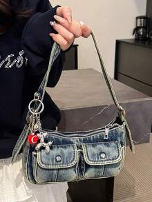 时尚复古女士单肩包，百搭优质腋下包，小众风格牛仔手提包带吊坠
