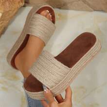 Women Sandals Summer Slide Platform Open Toe Jute Sole Beach Casual Wear - 杏色 - 查看 9