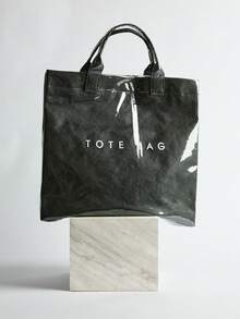 Large Capacity Fashionable Transparent Jelly Bag PVC Waterproof Shopping Bag, Korean Neutral Style Tote Bag, INS Fashionable Retro Casual Street Hipster Tote Bag, Japanese Slouchy Bag, Suitable For High School And University Students Going To School, Gym/Yoga/Travel Bag Or Mommy Bag, Letter Print Minimalist Celebrity-Inspired Creased Texture High-End Quality Multi-Layer Paper Handbag Winter Gifts - Black - View 2