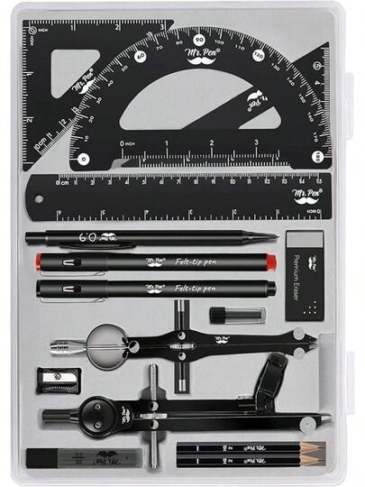 Professional Geometry Set, 15 Pcs, Geometry Kit Artists And Students, Geometry Set, Metal Rulers And Compasses, Drawing Tools, Drafting Supplies, Drafting Set, Drafting Tools And Kits