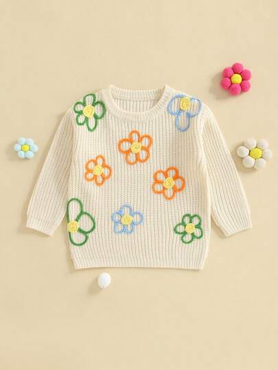 Little Girls Knit Sweaters Long Sleeve Round Neck Flower Embroidery Pullover Knitwear Sweater Tops