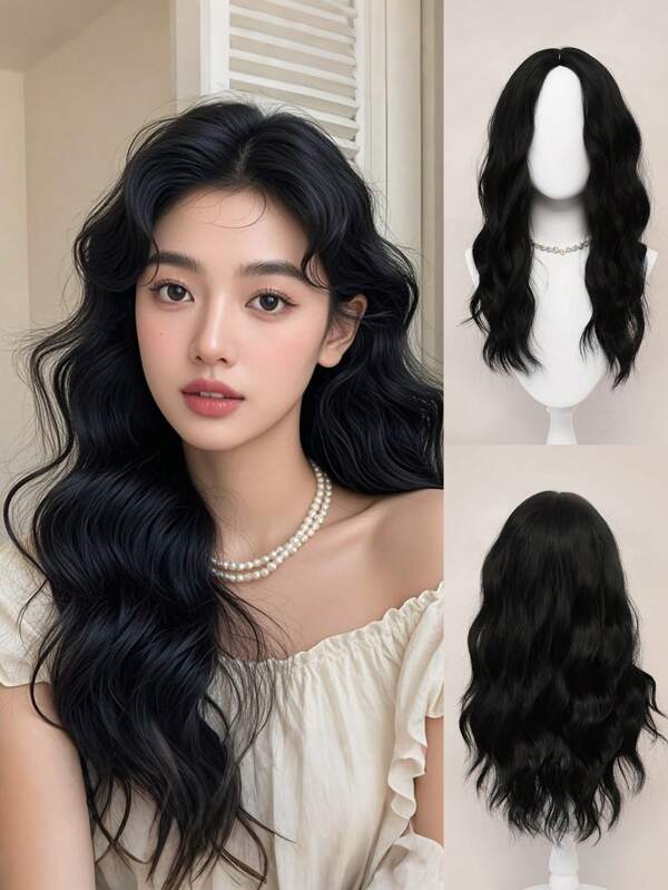 XYUNMI Fashion Black Wavy Curly Wig Middle Parted Bangs 26 Inch Natural Style Lightweight Breathable Women's Heat Resistant Synthetic Wig Suitable For Daily Wear Party Date Elegant Fashion Simple Costume Wig Cosplay Halloween Christmas Wig