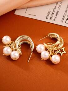 Boucles d'oreilles pendantes en forme de pentagone avec perles factices pour femmes