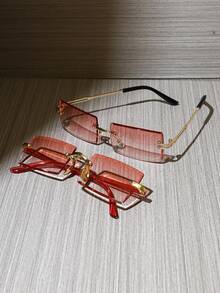 2pcs Unframed Classic Retro Rectangular Metal Sunglasses, Fashion Outdoor Travel Beach Decor Daily Wear Summer UV Protection Driving Glasses, Unisex Shade Going Out Outfit Outdoor Beach Seaside Vacation And Gift For Family And Friends - 2PCS組合裝C - 查看 3