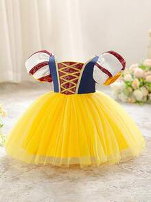 女婴泡泡袖公主薄纱派对连衣裙 - 黃色 - 查看 3
