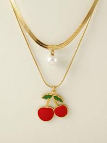 1 件不锈钢双层蛇骨项链，带树脂仿珍珠和水果吊饰（草莓、西瓜、樱桃），非常适合夏季郊游、海滩、情人节礼物和日常佩戴，适合所有场合