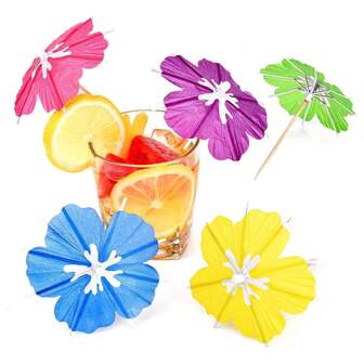 50 piezas, selección de palillos para cóctel, pinchos de frutas, palillos de dientes de bambú, sombrillas de papel tropical de verano y sombrillas de colores para bebidas para fiesta de luau en la playa (color aleatorio)