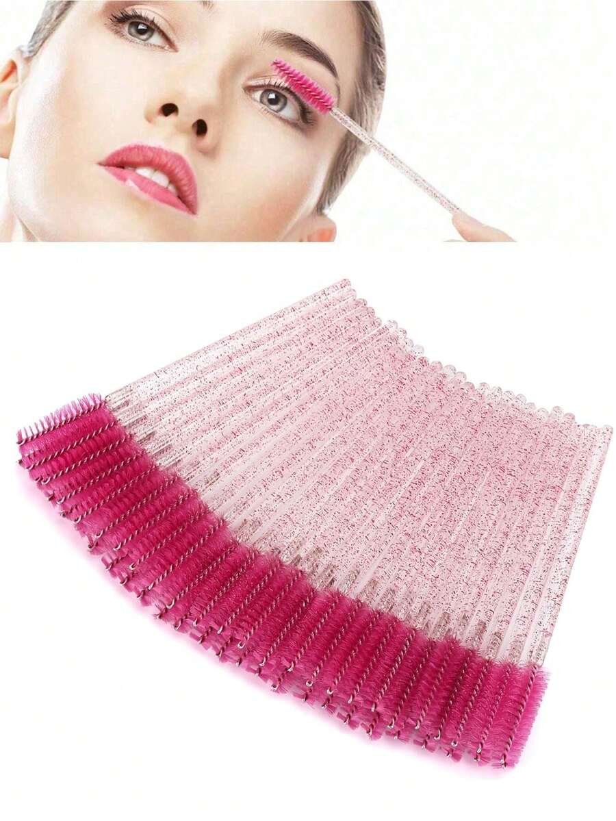 50支/100支一次性睫毛刷、水晶眉刷、睫毛膏刷、化妆刷套装 - 玫紅色 - 查看 1