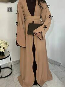 SuofeiMan New Stylish Middle Eastern Minimalist Bow Abaya, Khaki Solid Color Casual Soft Comfortable Jacket With Belt, Festival Robe, Daily Matching Dress