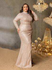 Faeriesty Curve Plus Elegant Sequin Evening Gown With Long-Sleeve Mermaid Silhouette & Dramatic Side High Slit – Sophisticated Pearls Details For Luxury Academic Galas, Heritage Estate Banquets & Red Carpet Events - Champagne - View 8