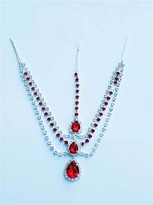 Boho Style Shiny Red Crystal Water Drop Chain Headband - Red - View 3