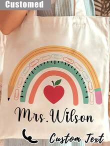 1Pc Custom Teacher Appreciation Tote Bag - Personalized Canvas Beach & Shopping Bag With Monogrammed Name, Personalised Teacher Bag - Custom Rainbow Tote With Floral Design, Large Capacity, Buckle Closure - Ideal Thank You Gift For TA, School Leaver, Or Teaching Assistant, School Bag|Floral Tote Bag - Multicolor - View 8