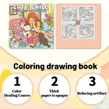 1pc CAT&CHILL Puzzle Stress Relief, Adult Coloring Book, Content Containing Girls And Pet Friends Making Pizza, Drinking Afternoon Tea And Taking Photos And Other Comfortable Scenes, The Pattern Is Exhaust And The Lines Are Clear, Coloring Book, Back To School, School Supplies, Bestie Gifts