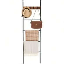 Blanket Ladder, 5-Tier Ladder Shelf, Decorative Ladder With 4 Removable Hooks, Metal Frame, Industrial Style, Rustic