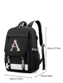 1 件带充电端口的字母图案印花功能性尼龙背包，男女皆宜，适合高中生和大学生、旅行和度假使用（字母从 A 到 Z）