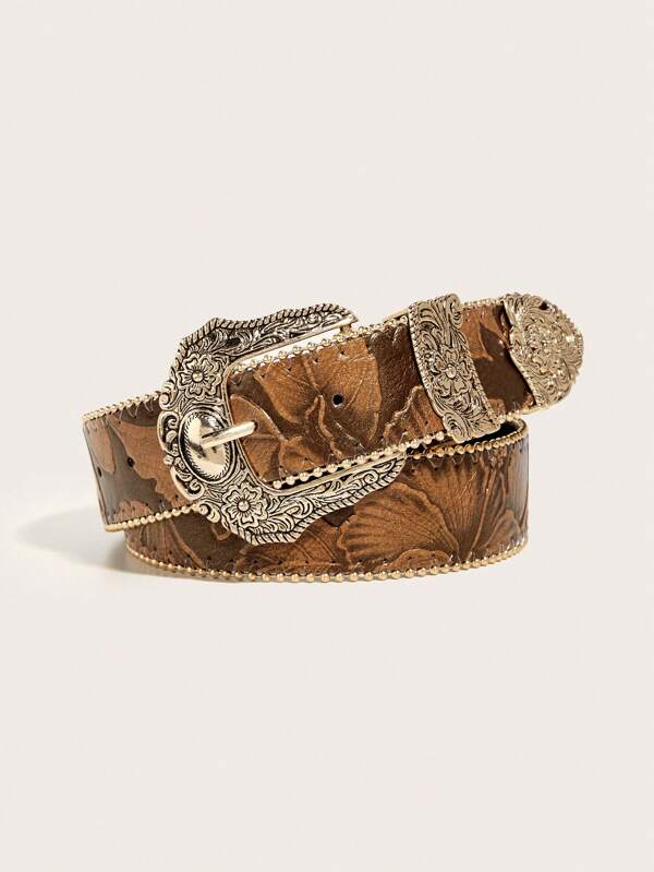 1pc Women's Embossed Western Cowgirl Style PU Leather Belt With Beaded Buckle, Suitable For Daily Wear