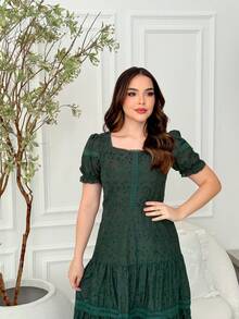 Lese 100% Cotton Midi Dress Square Neckline Beautiful Women's Short Sleeve Formal Lined Elegant Casual - 軍綠色 - 查看 2