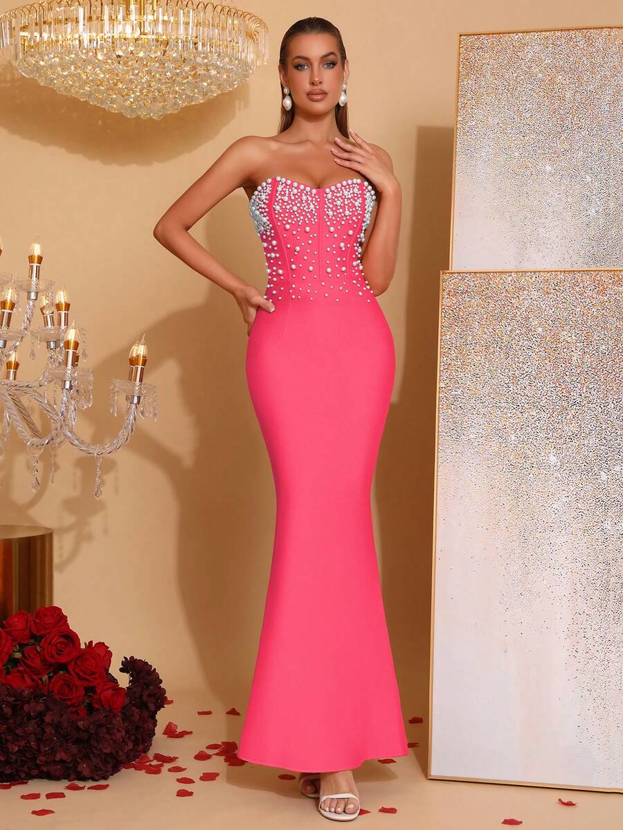 New Sexy Pink Strapless Pearl Beaded Decor Wedding Gown, Party Evening Dress - Hot Pink - View 1