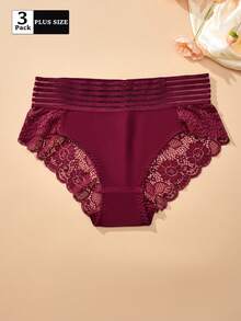 FOVTY 3pcs/Pack Solid Color Lace Trim Elastic Plus Size Women's Briefs - Multicolor - View 4